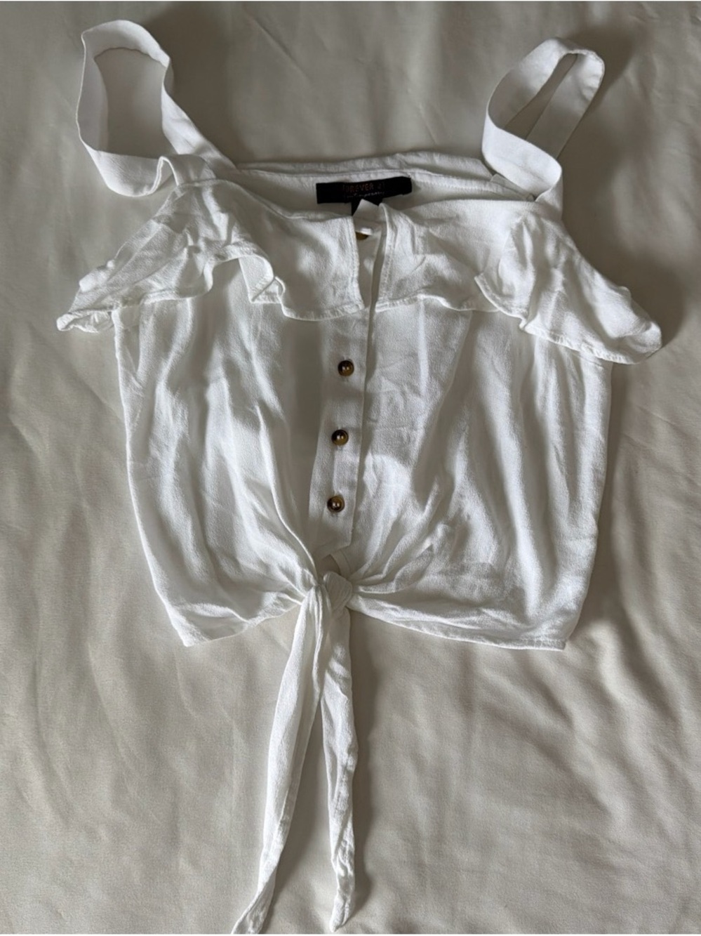 Forever 21 White Tie-Front Ruffle Crop Tank